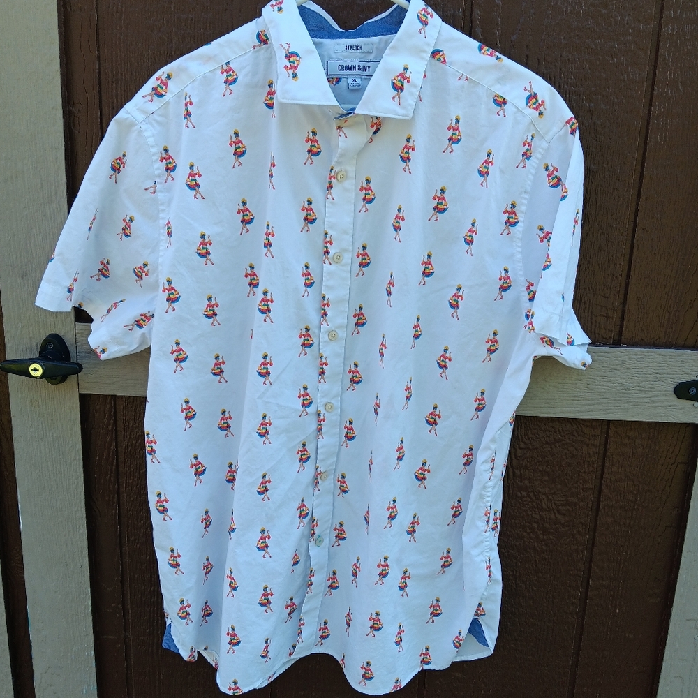 CROWN & IVY Button-Up Short Sleeve Men's Shirt White with Dancing Ladies XL